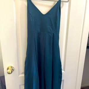 Blue mid shin-knee length (depending on height) cross back dress w/ pockets